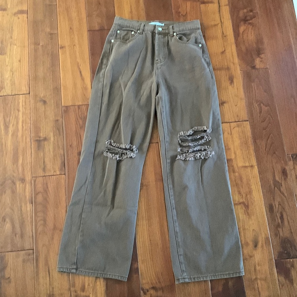 ADIKA Jeans Size M Blaine Brown HIgh Rise Mom Wide Leg Button fly ripped